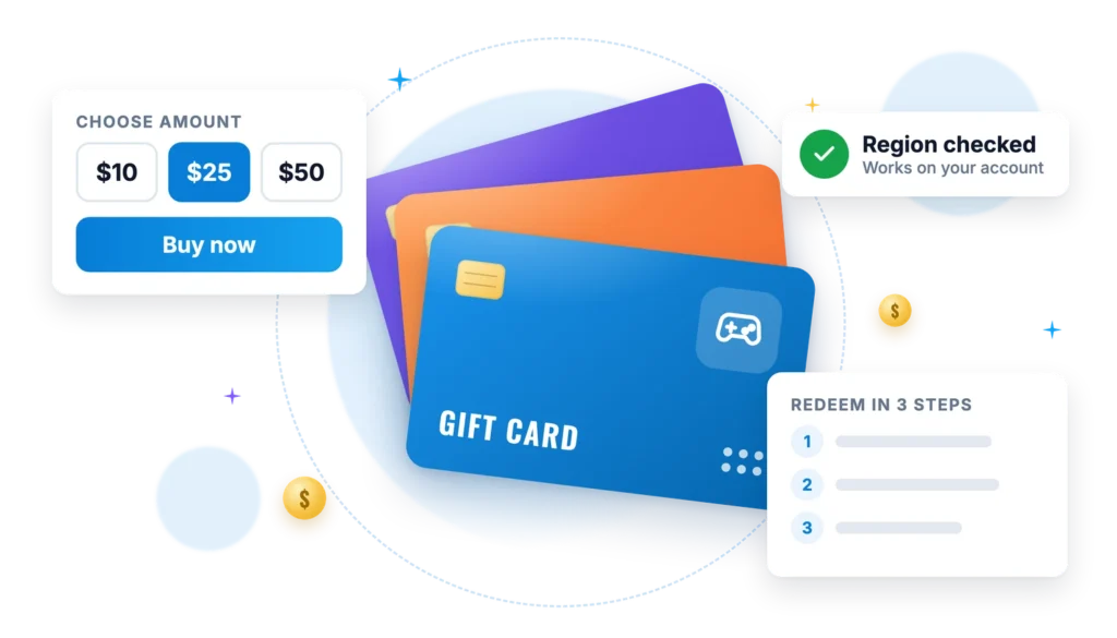 Gift cards with an amount picker, a region check and redeem steps